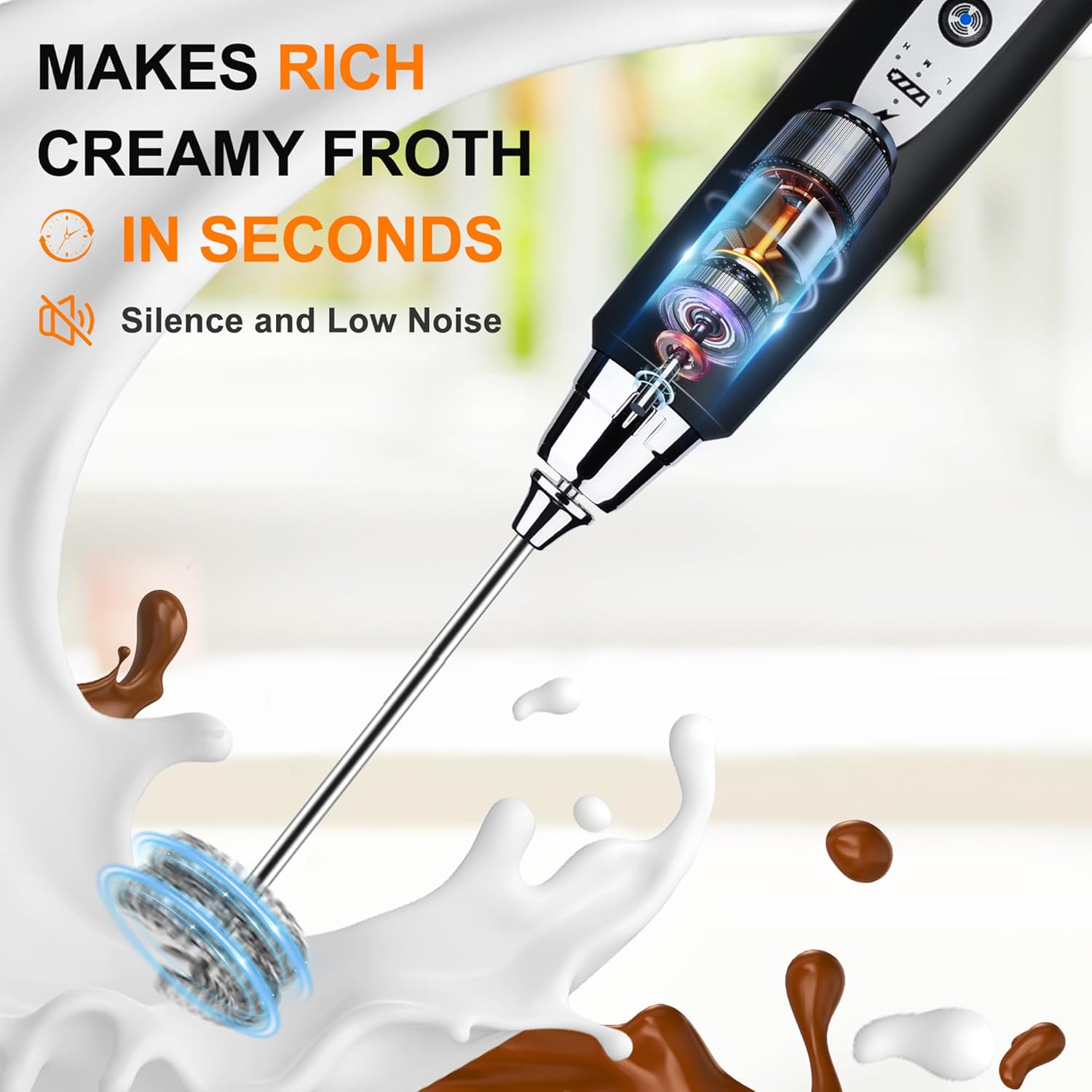Black Handheld Electric Milk Frother Wand