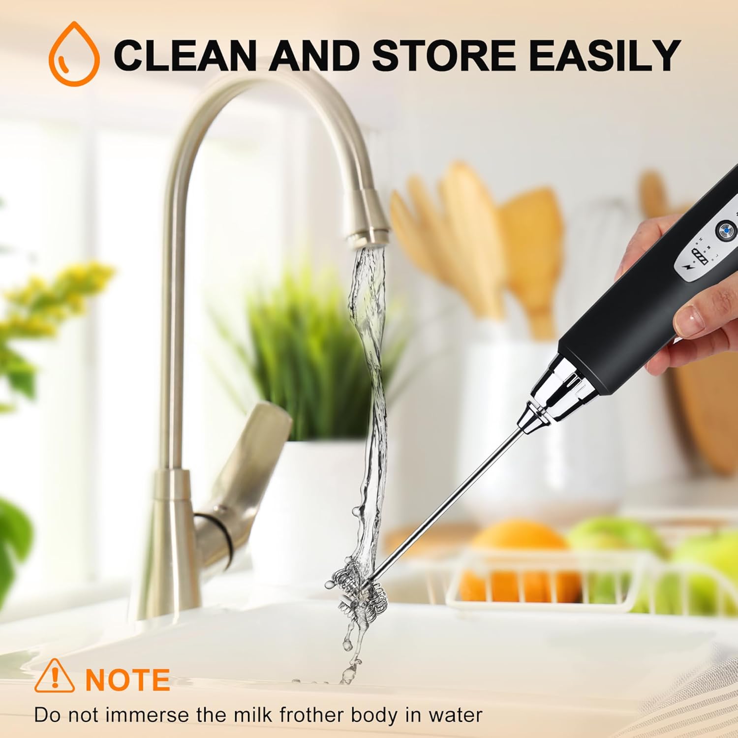 Black Handheld Electric Milk Frother Wand